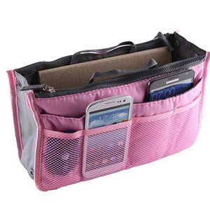 Women Multi-Pocket Travel Handbag Organizer Insert w Zipper Handles Purse Liner